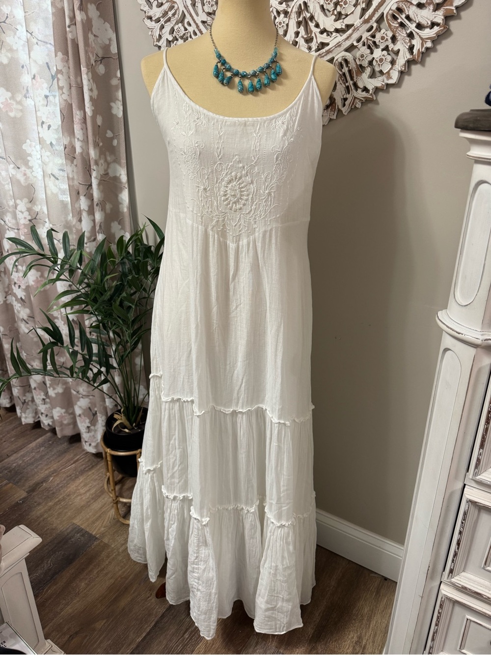 Polo by Ralph Lauren White Cotton Embroidered Boho Maxi Ruffled Dress Sz 10